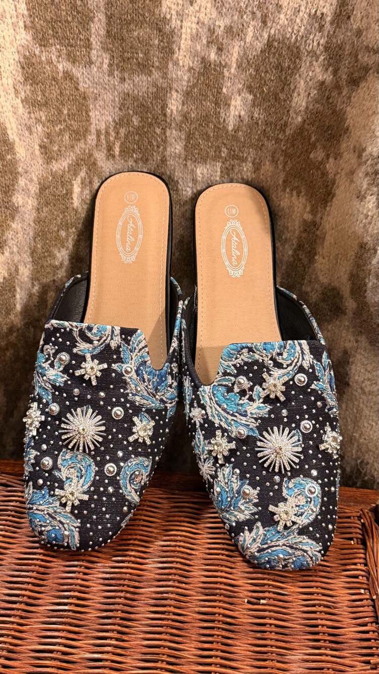 Atalina Mules Size 11W Blue Paisley Embellished